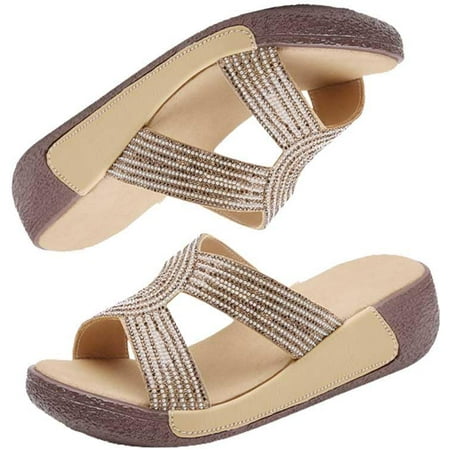 Ladies Platform Sandals Casual Fashion Wedge Summer Beach Shoes Comfortable Lightweight Ladies Slippers-Z Shape Ladies Rhinestone Wedge Sandals