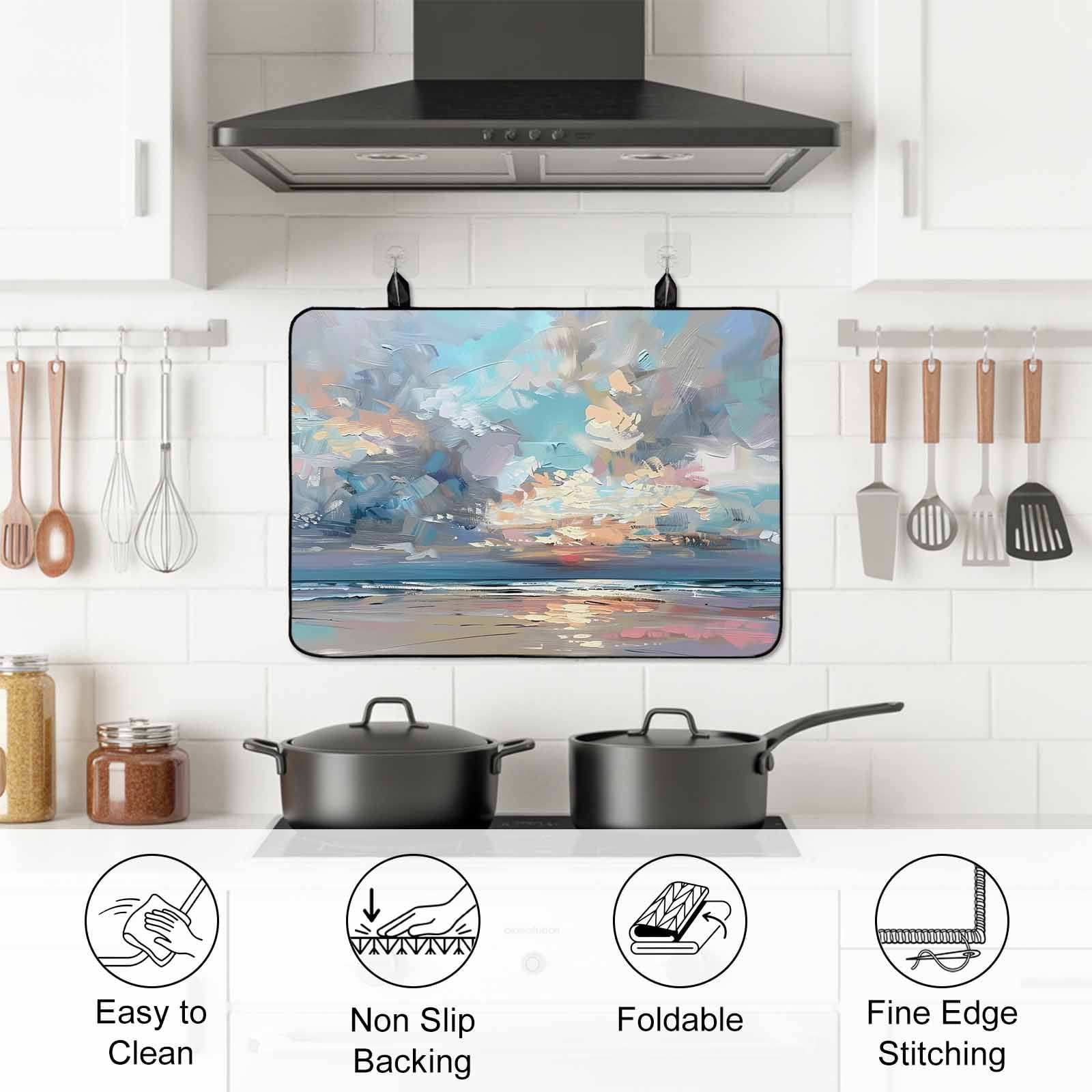 Blue Gray Coastal Stove Top Cover for Electric Stove, Heat-proof & Non Slip Glass Top Stove Cover Protector, Oil Painting Modern Abstract Art Kitchen Flat Cooktop Rubber Mat 24x21 Inches