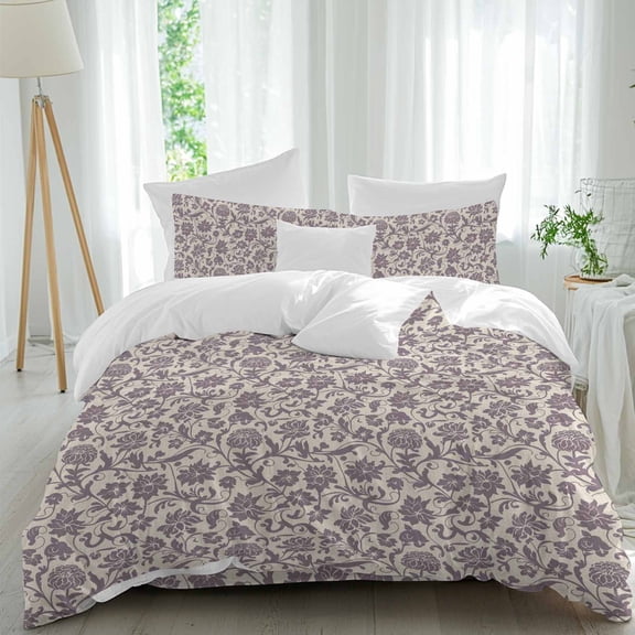 Purple Flowers Queen Size Comforter Set, Vintage Spring Purple Floral Boho Country Plant Bedding for All Seasons, 4 Pcs Bed Set, 1Quiltcover (90"x92") ,1Sheet(94"x116"), 2Pillowcases (30"x20")