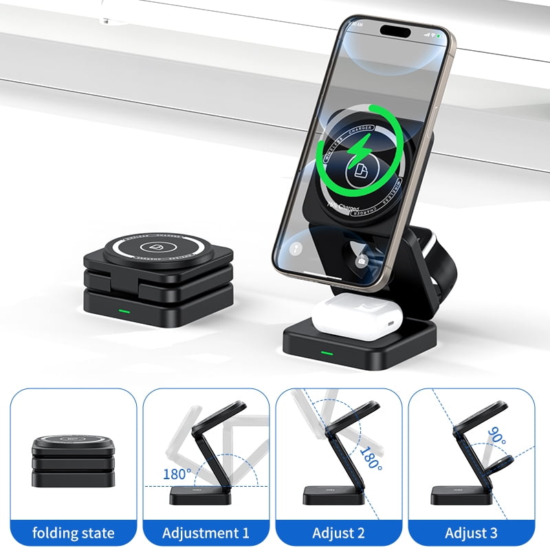 Foldable 3-in-1 Magnetic Wireless Charging Stand for iPhone 17/16/15/14/13/12, Apple Watch All Series, AirPods, 15W Fast Charging, 22.5W Total, N52 Magnets, AI Temp Control, Travel Portable, Black