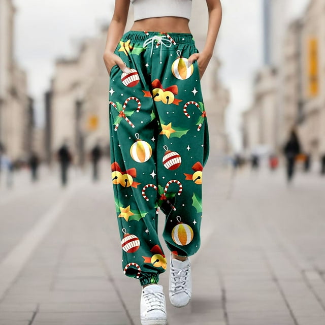 WILLBEST Jeans pour Femmes Taille Haute Pantalons de Survêtement Extensibles pour Femmes avec Imprimé de Noël et Design à Lacets Pantalons de Randonnée