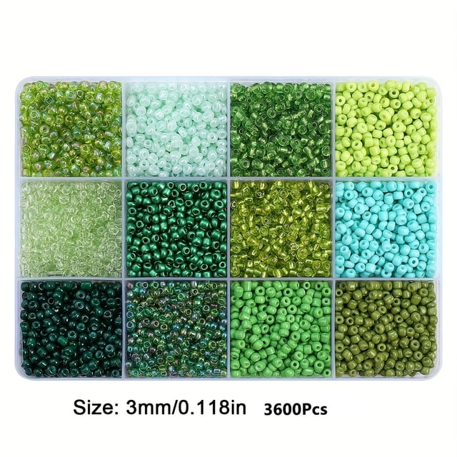 3600pcs 3mm Glass Seed Beads, Assorted Colors, 12-grid Storage Box, DIY Jewelry Making Kit, Loose Beads For Bracelets, Necklaces,Green