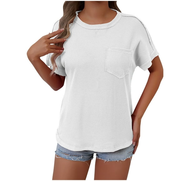 Mareep Spring Summer Clothes S-2XL Women's New Summer Solid Color Round Neck Short Sleeved Top With Pockets Clearance of Women's Tops, Gift