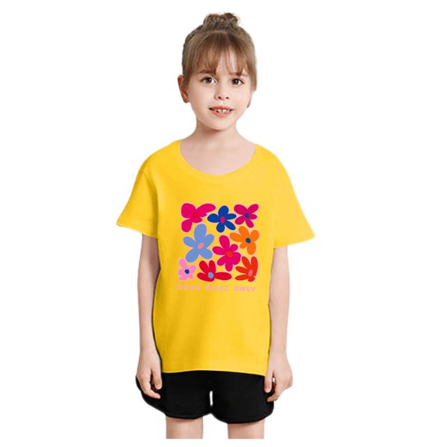 YOUSNH T-Shirt à Manches Courtes Col Rond Imprimé Mode Mignon pour Filles, Décontracté, Ample, Été, Jaune 6-8 Ans