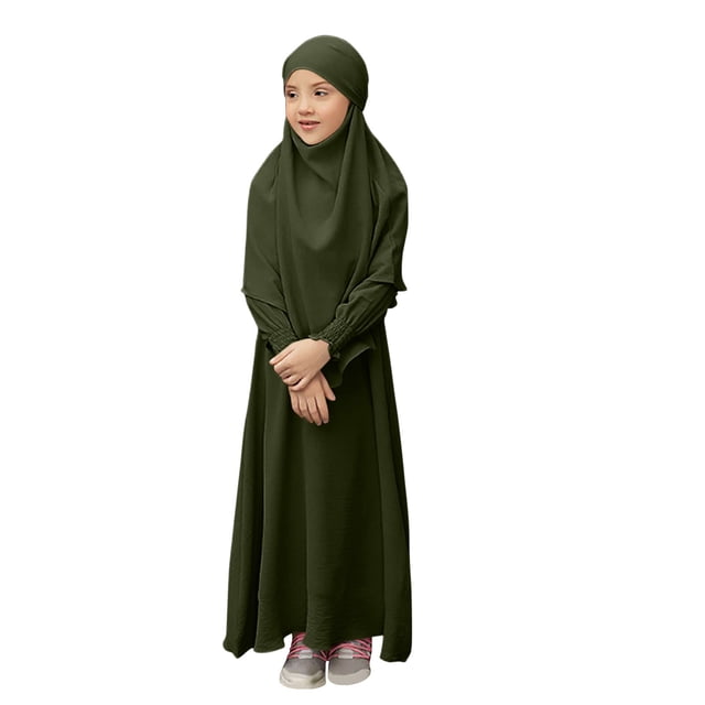RXMEKW Ensemble de Robe Musulmane avec Châle pour Filles Manches Longues Col Rond Robe à Volants Tenue 2 Pcs Rose