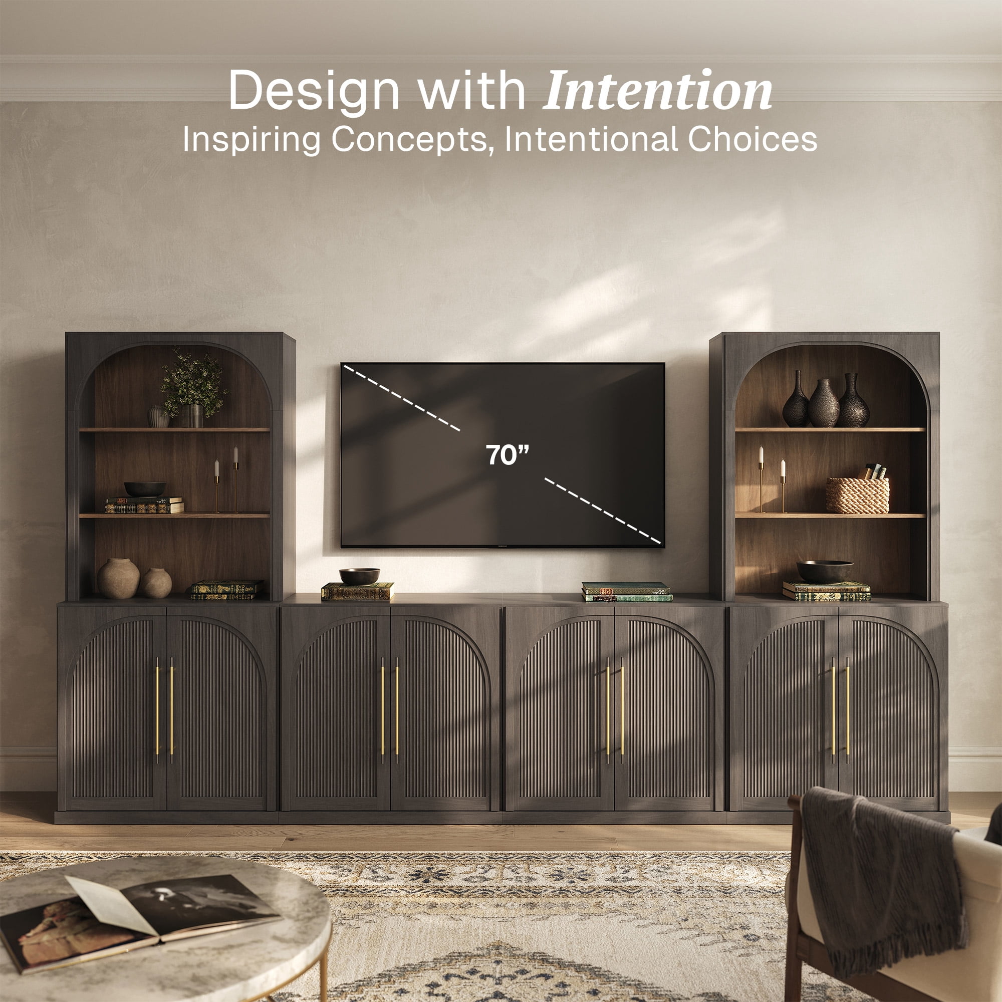 BELLEZE 6-Piece Modular TV Stand, Entertainment Center with Double-Arc Wood Door and Storage Hutch Cabinets, Classic Modern Media Console Table for Living Room Dining Room (Ebony)