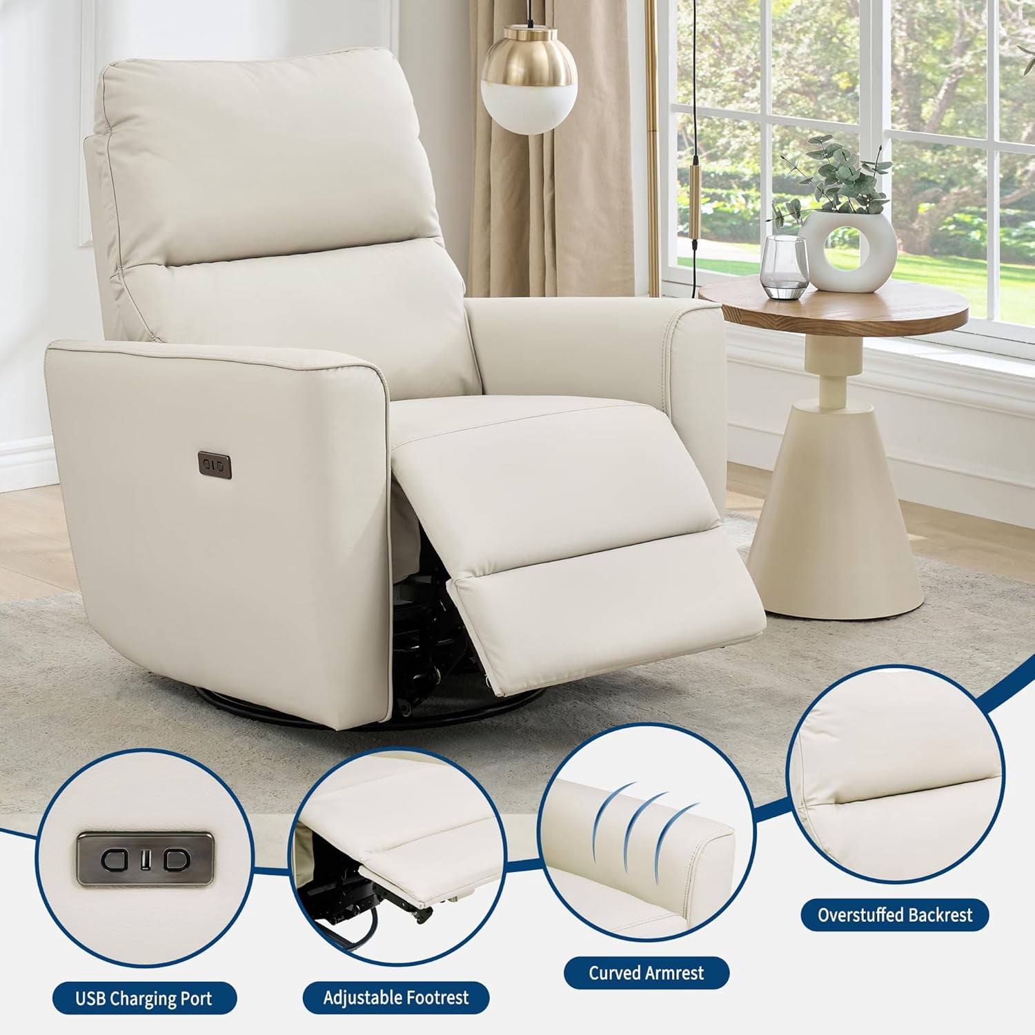 Power Recliner Chair 270° Swivel Rocking Glider with USB Port PU Leather Upholstered Nursery Chair with Adjustable Backrest for Living Room Office Home Theater and Nursery