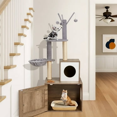 MELLCOM Cat Tree with Litter Box Enclosure, 2-in-1 Modern Cat Tower Combo, 57.4" Hidden Litter Box Furniture, Light Gray