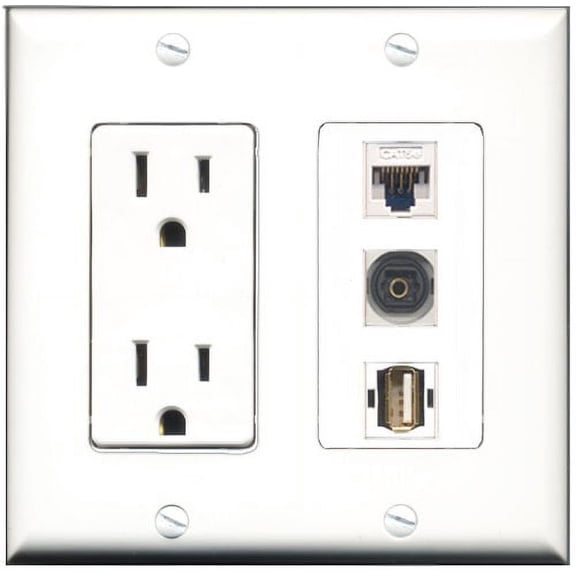 RiteAV - 15 Amp Power Outlet 1 Port USB A-A 1 Port Toslink 1 Port Cat5e Ethernet White Decorative Wall Plate
