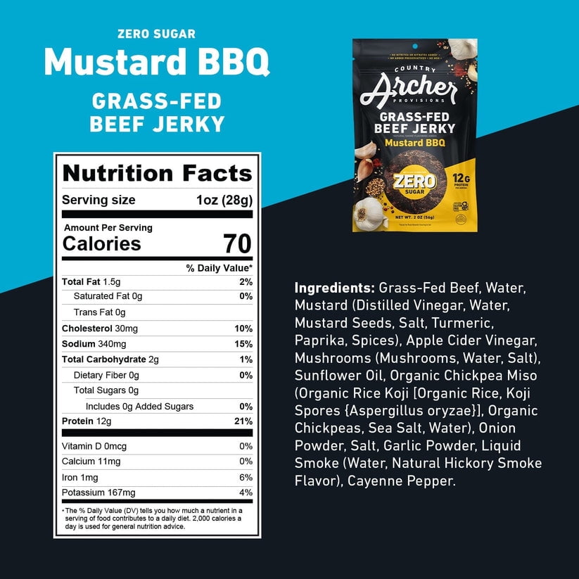 Pack of 12, Country Archer Zero Sugar Mustard BBQ Beef Jerky, 2 oz​