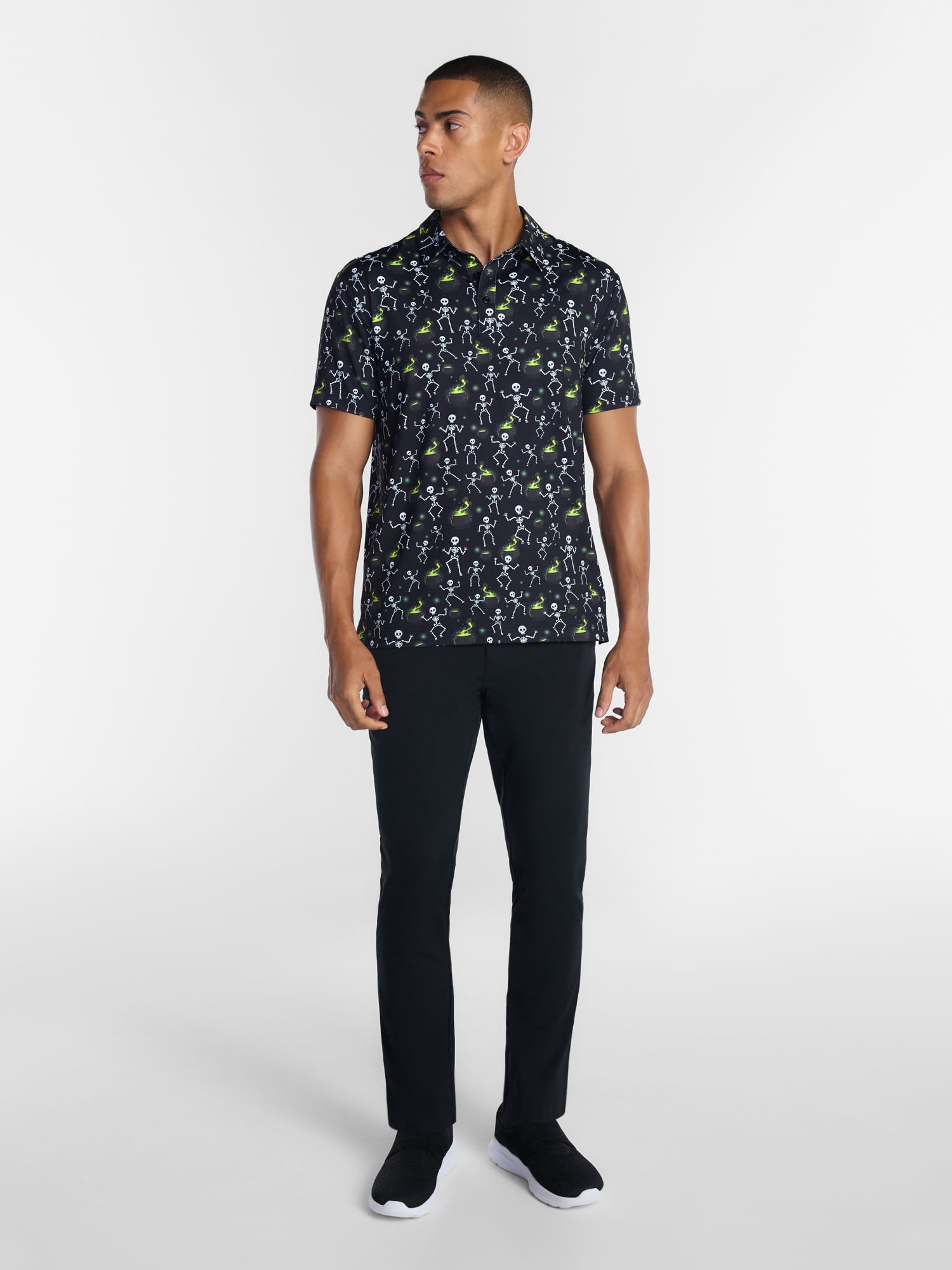 Birdie Bound Halloween Spooky Skeleton Print Golf Polo Shirt, Men's Sizes S-4XLT