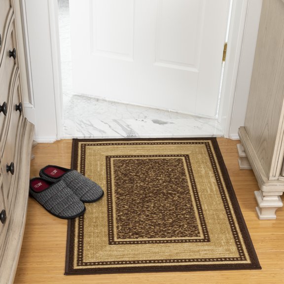 Ottomanson Border Indoor Doormat 2'3" x 3' - Non Slip Low Pile Area Rug for Entryway, Brown