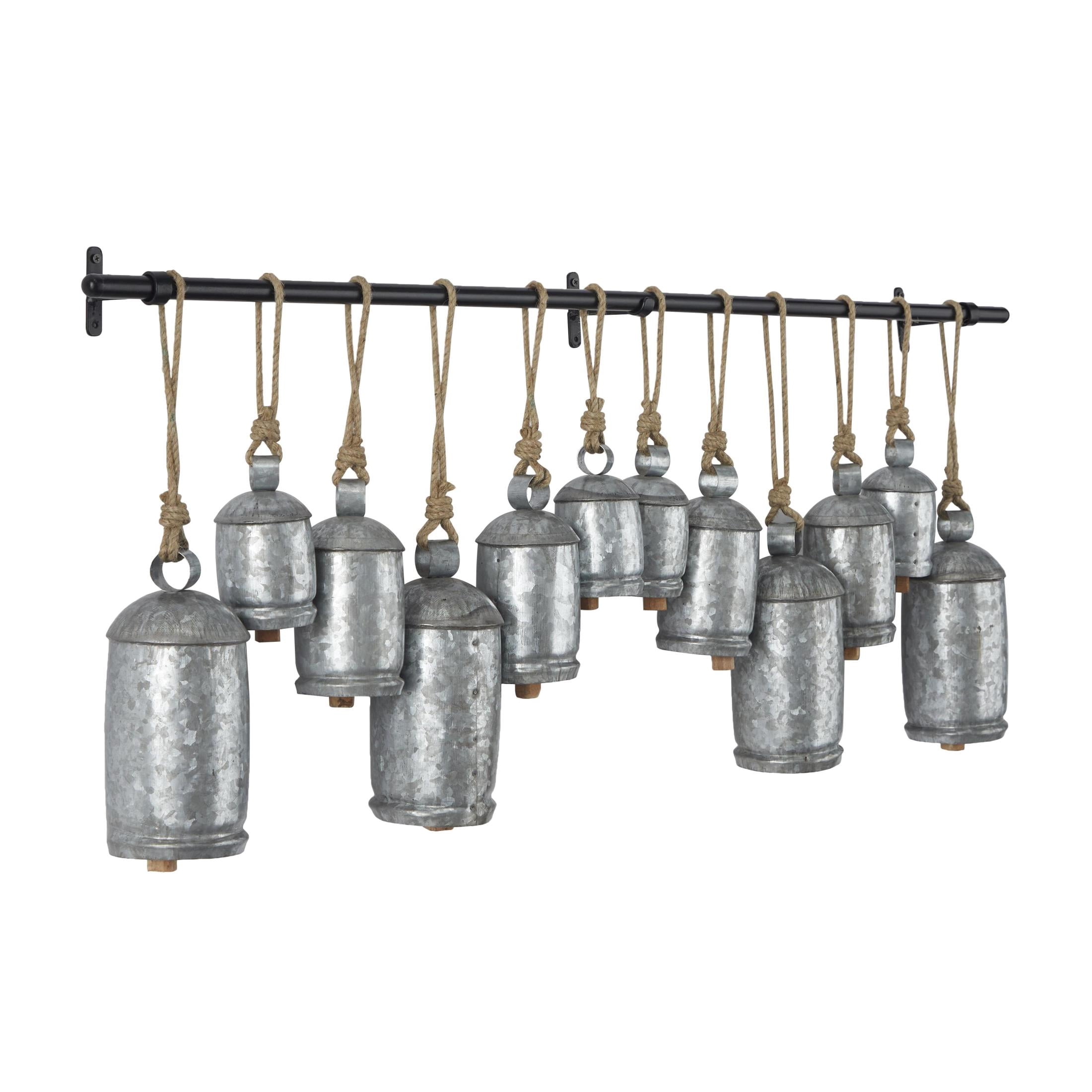 DecMode Tibetan Inspired Silver Metal Cylindrical Decorative Cow Bells with 12 Bells on Jute Hanging Rope and Metal Rod