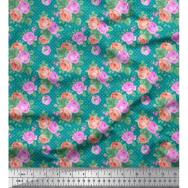 Soimoi Moss Tissu Georgette à Pois, Feuilles & Roses Imprimé Floral au Mètre 42 Pouces de Large