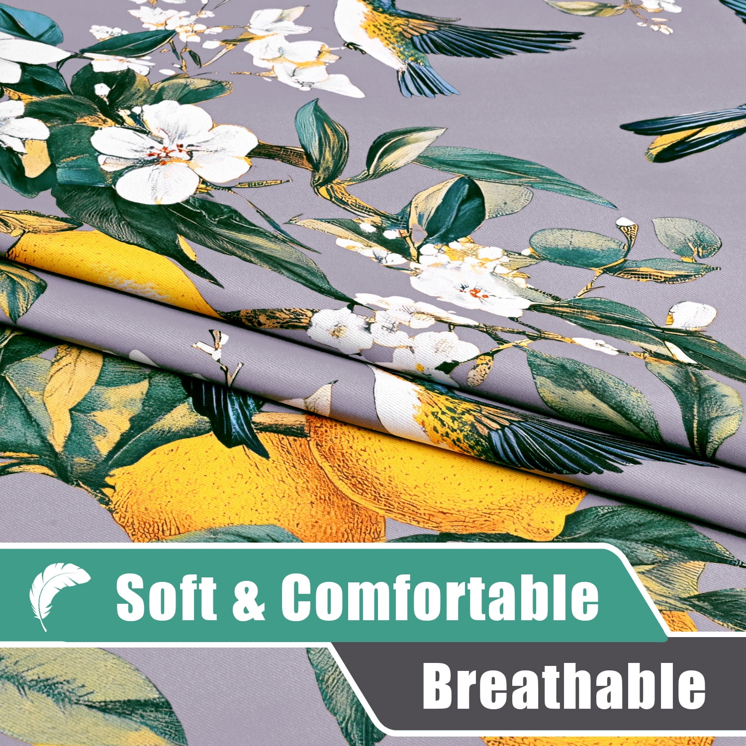 Alishomtll Floral Lemon Hummingbird Blackout Curtains Room Darkening Grommet Window Drapes for Living Room , 52"x63", ,Set of 2 Panels,Grey