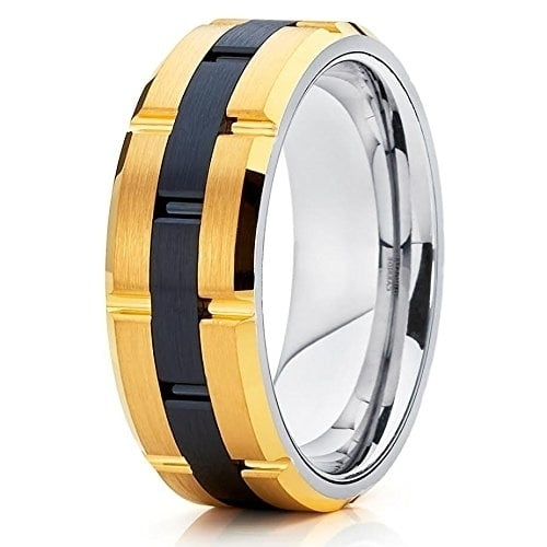 8mm Tungsten Wedding Band Yellow Gold Ring Brushed Carbide Band Grooved Men and Women Black Comfort Fit