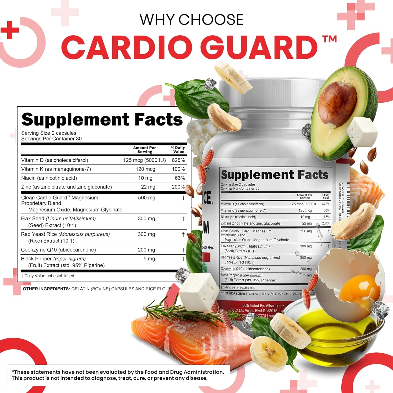 Clean Nutraceuticals COQ10 200mg Red Yeast Rice Omega 3 Magnesium Complex 500mg Niacin Zinc Vitamin K2 D3 - Heart Support Vitamins for Women & Men w/Vitamin B3, Coenzyme Q10-60 Ct