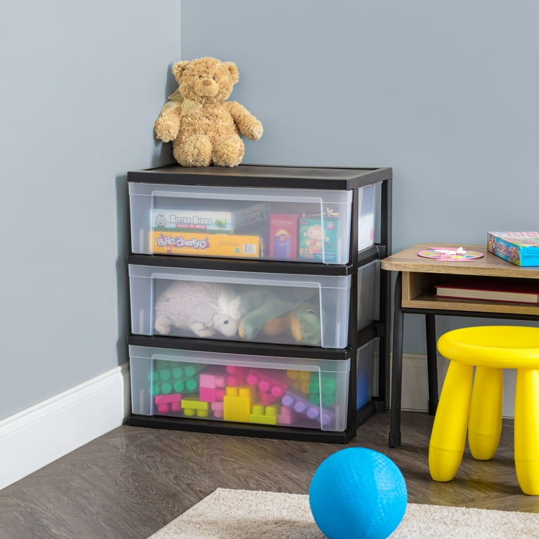 IRIS USA 3 Drawer Wide Plastic Storage Drawer Black Set of 2