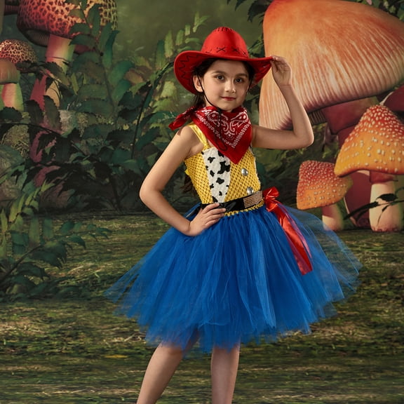 MIRUXO Cowgirl Costume Tutu Dress Set with Red Bandana and Hat, 3-Piece Anime Cosplay Outfit for Halloween Theme Party, Stage Performance and Dress Up
