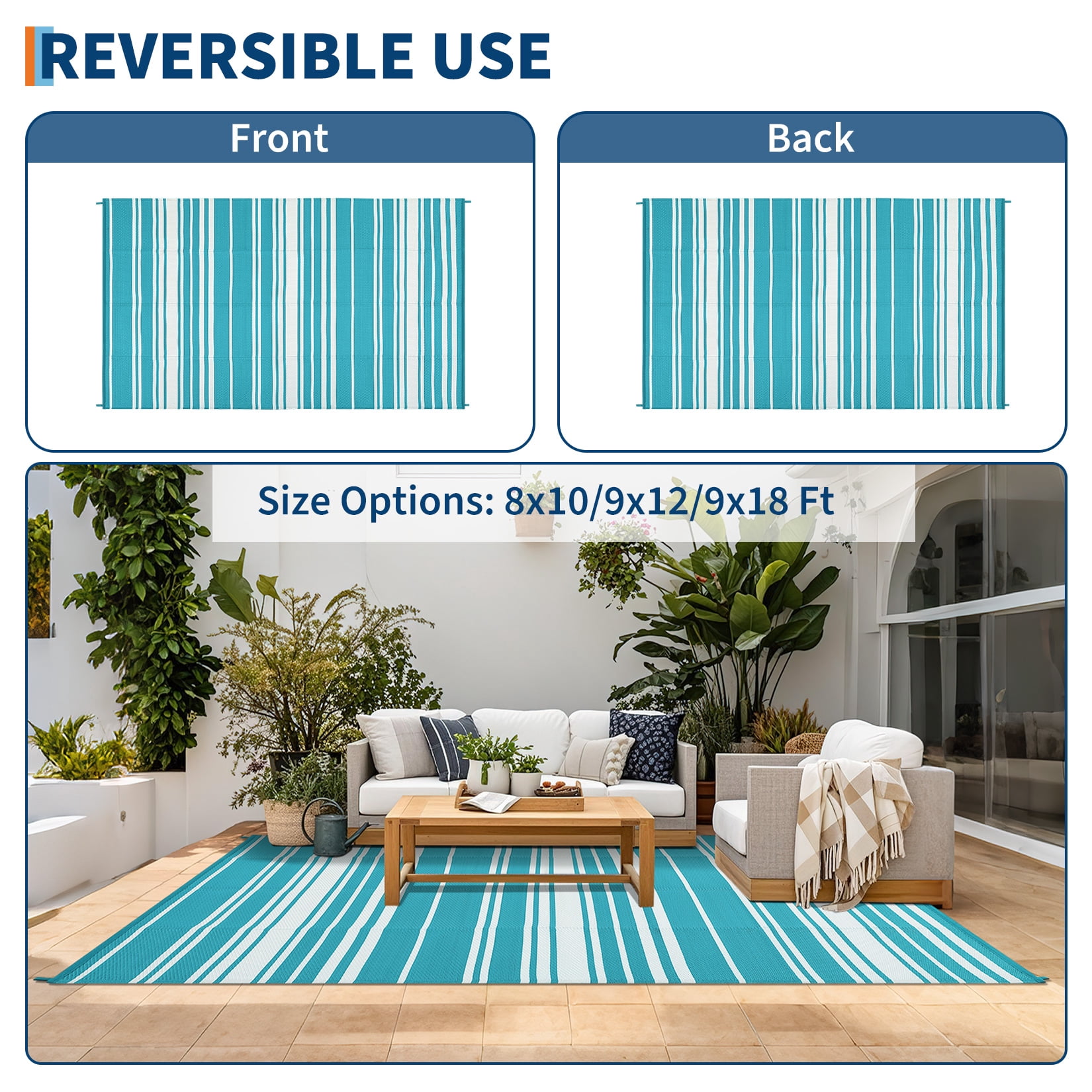 HIWEAVER 8' x 10' Light Blue Outdoor Rug PP Plastic Straw Woven Waterproof Patio Rug with Border Portable Outside Carpet for Balcony Deck Picnic Garden Decor