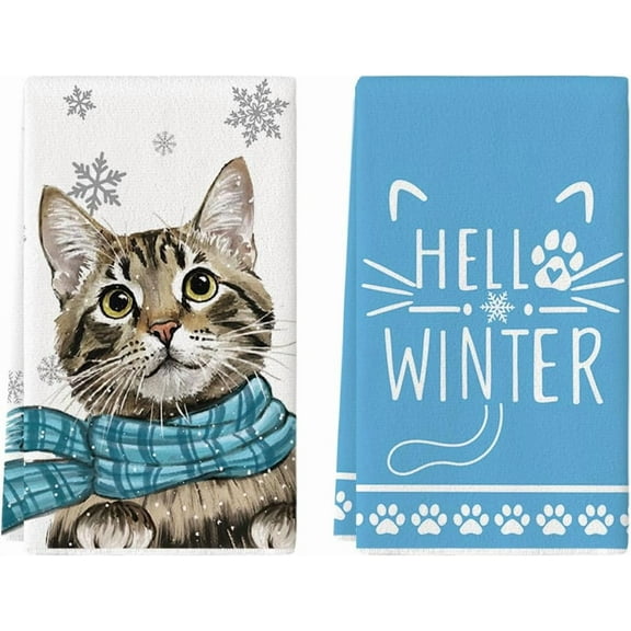 SOME THING Blue Cat Hello Winter Kitchen Towels Dish Towels, 18x26 Inch Print Snowflakes Christmas Decoration Hand Towels Set of 2