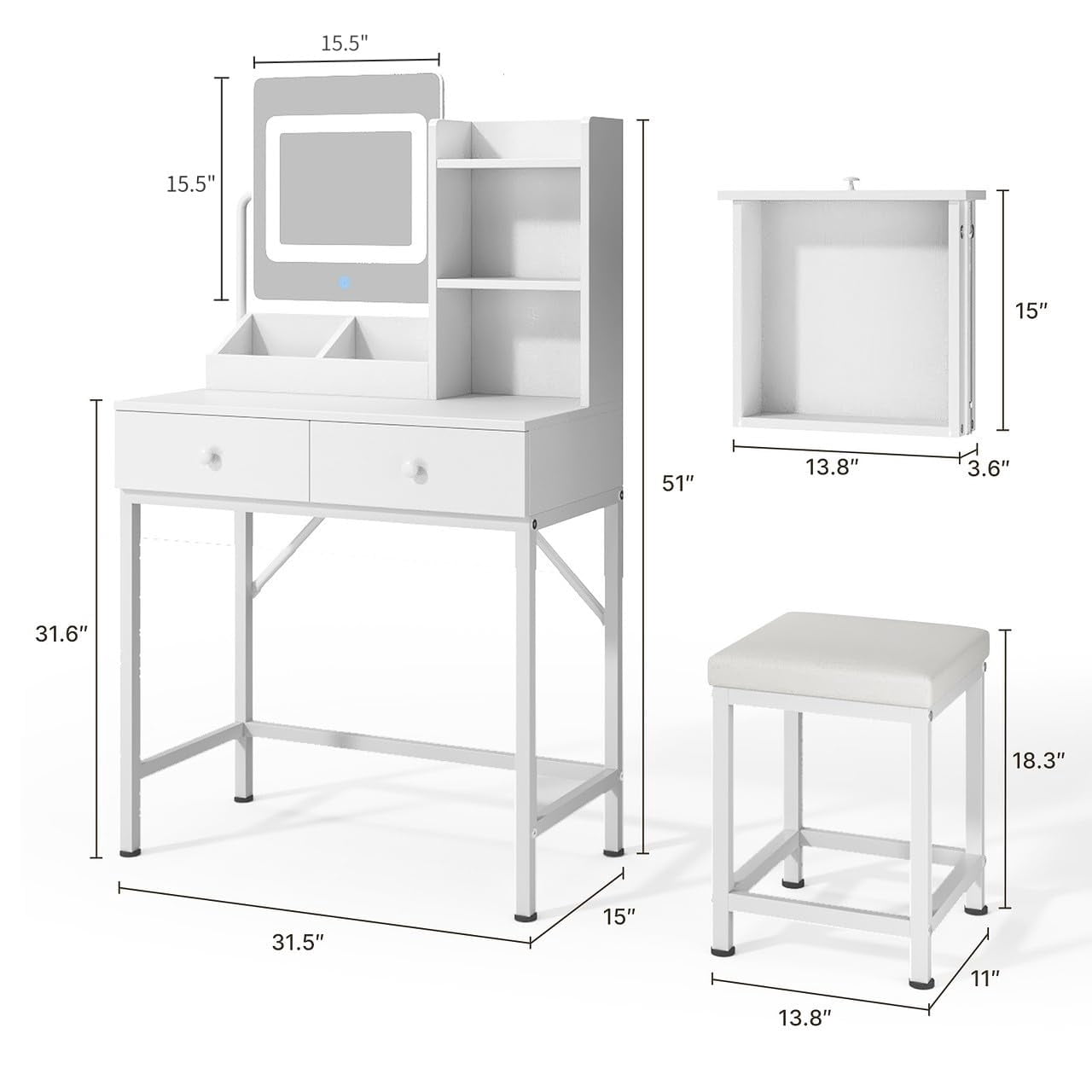 Makeup Vanity Desk with LED Mirror, 31.5” Vanity Table with 2 Drawers & Storage Shelves, White
