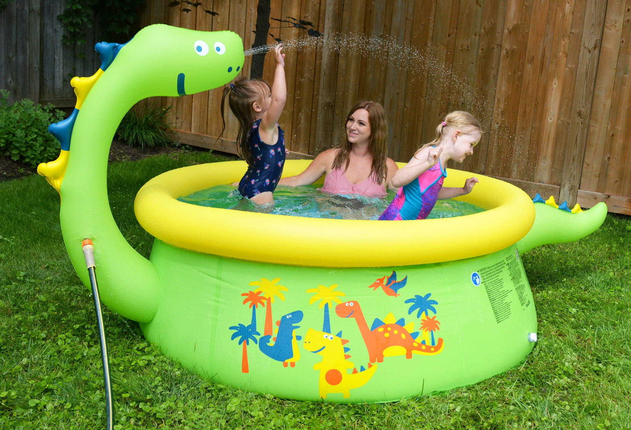 Sunclub 69" x 24.5" Green Round Inflatable Dinosaur Kiddie Pool with Spray Feature