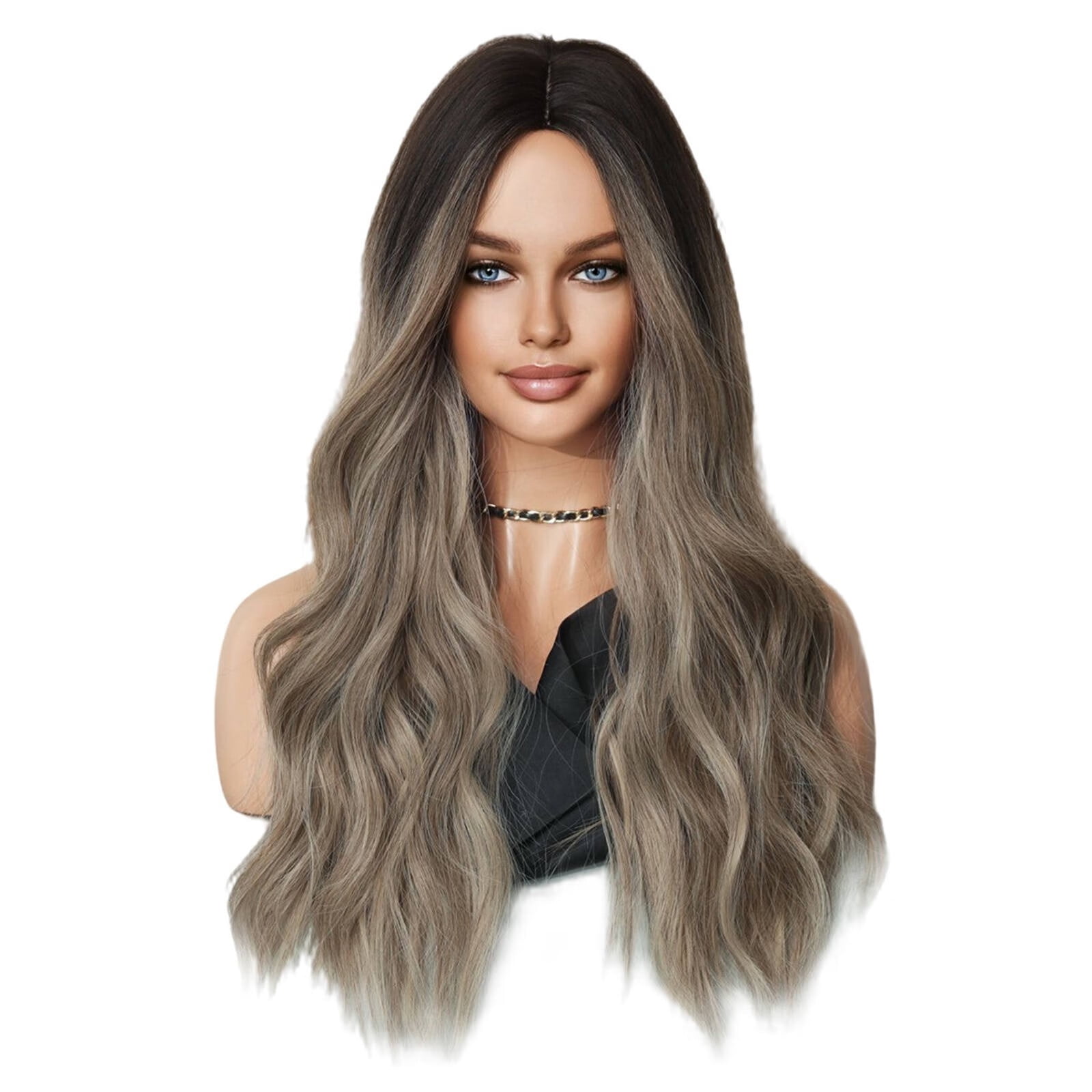 DOPI Human Hair Wigs For Women No Bangs Wig Women's Medium Long Curly Hair Gray Gold Mixed Color Highlight Dyed Fiber Whole Top Hair Set