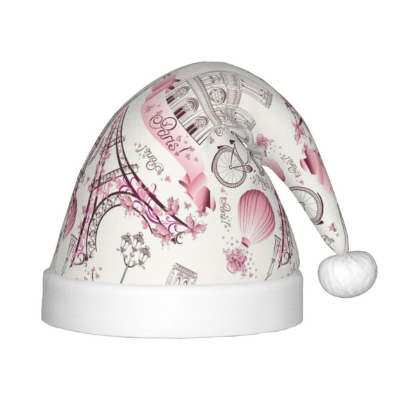Fuzoiu Romantic Travel In Paris Print Santa Hat Christmas Hat for kids,Santa Hats with Pompom, Unisex Xmas Holiday Hat for Christmas New Year Festive Party Supplies
