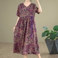 thumbnail image 5 of Qulqfy Midi Dress for Women Casual Purple Short Sleeve Boho Elastic Waist Floral V Neck Dresses Fall Dresses for Women L, 5 of 7