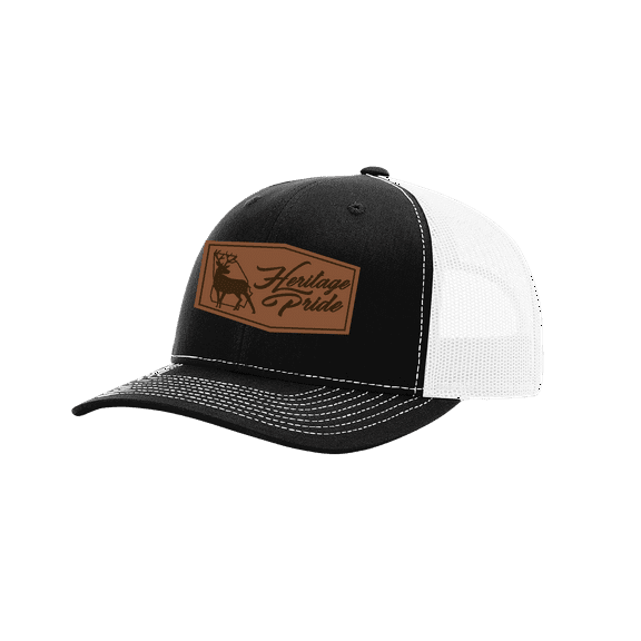 Heritage Pride Men's Standing Buck Laser Engraved Leather Patch Mesh Back Trucker Hat, Black/White