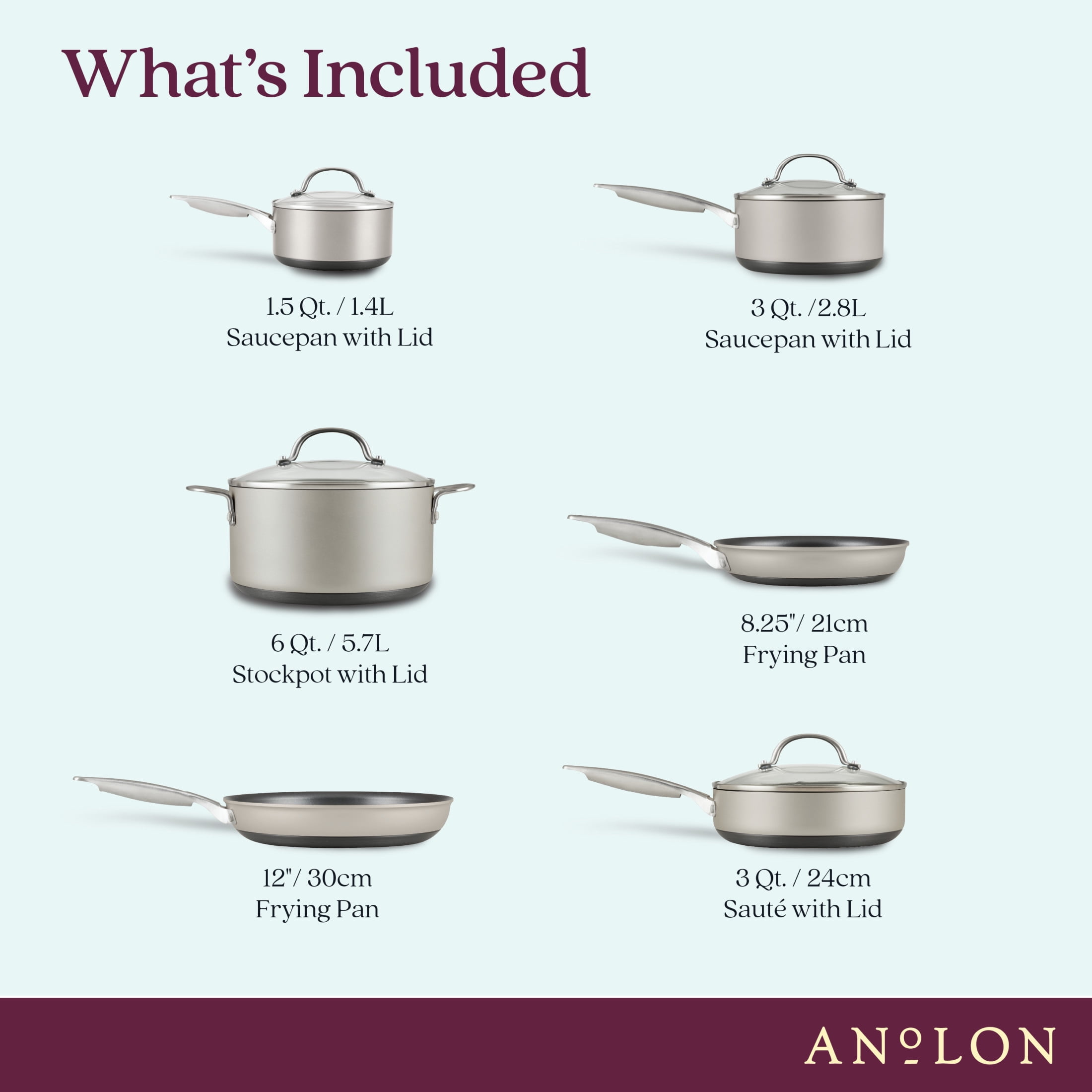 Anolon Achieve Hard Anodized 10 Piece Nonstick Cookware Pots and Pans Set, Silver