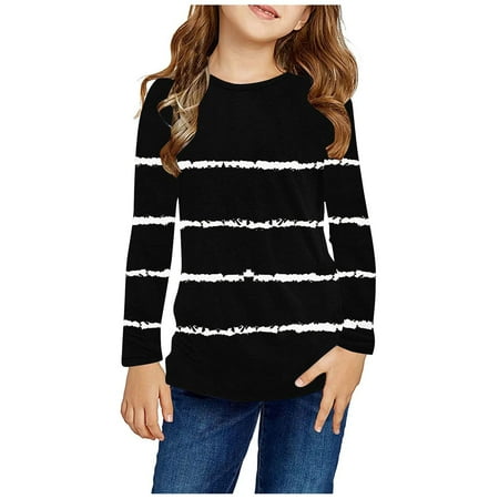 

ATOGUTA Girls Tshirts Black Fall Cute Crewneck Basic Tees Long Sleeve Striped Casual Blouse Size 3T-14