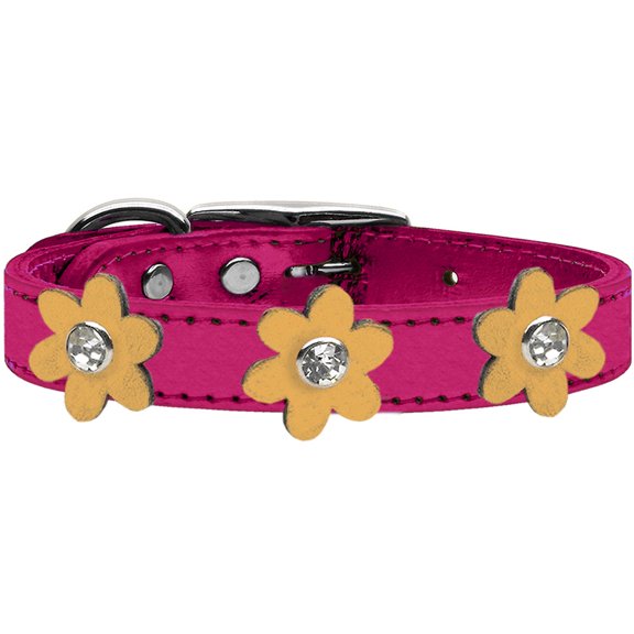 Metallic Flower Leather Collar With Metallic Flowers Size Pink Gold 18