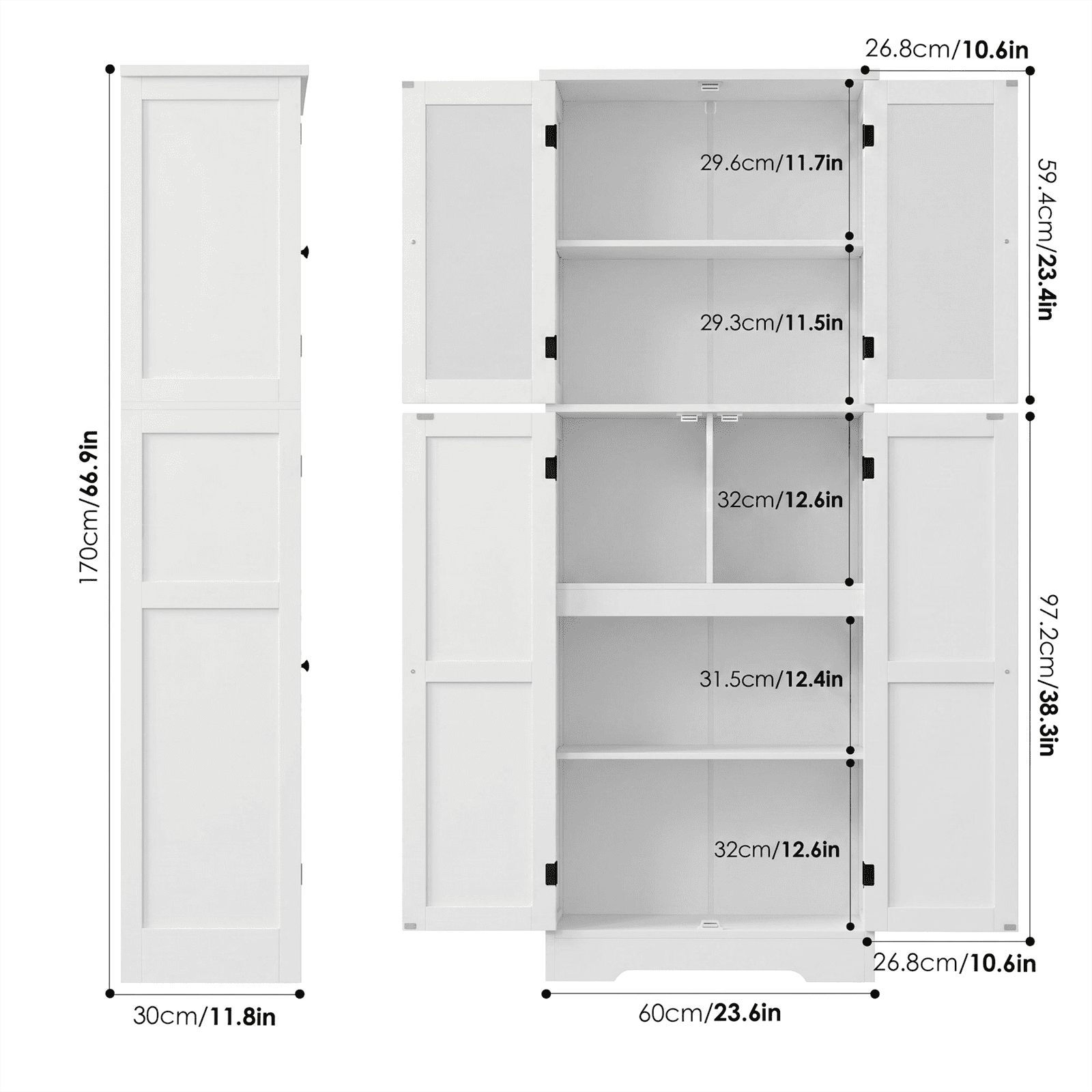 Homfa 67" Farmhouse Kitchen Pantry Storage Cabinet with Glass Doors, Freestanding Cupboard Storage Cabinet for Small Space, White