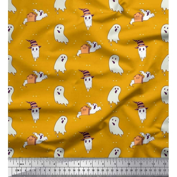Soimoi Japan Crepe Satin Fabric Ghost Halloween Print Fabric by The Yard 42 Inch Wide