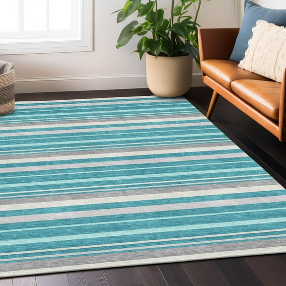 Addison Rugs Chantille Indoor/Outdoor Transitional Stripes Teal Washable Rectangle Rug, 3' x 5'