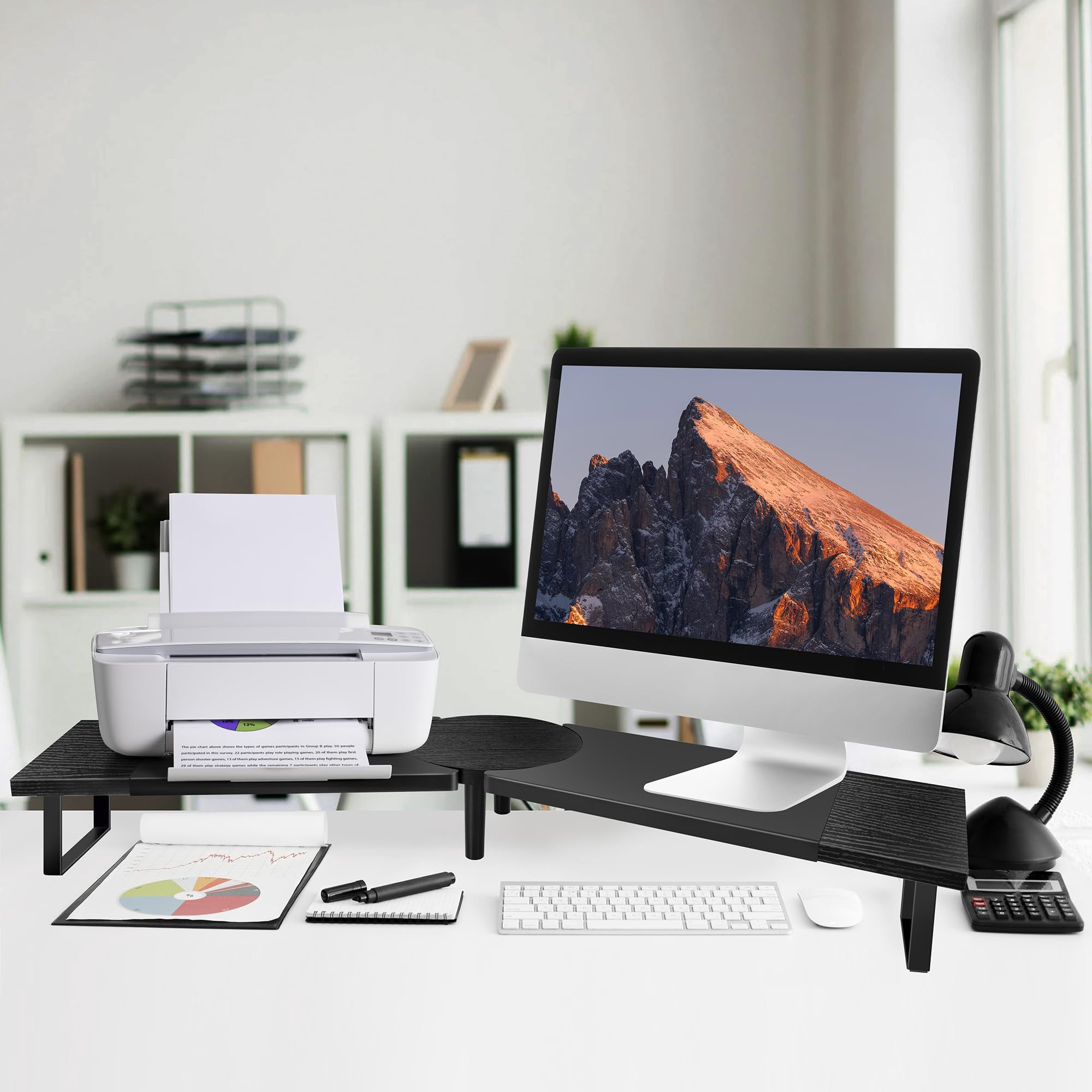 Dual-monitor Stand For Desk - Large Adjustable Length And Angle Riser 2 Monitors  Double Computer Desktop Organizer Shelf Tv Laptop Printer