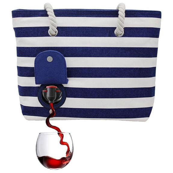 PortoVino Beach Wine Purse - Blue/White - Canvas Beach Bag - Holds 2 bottles of Wine! - Great Gift!