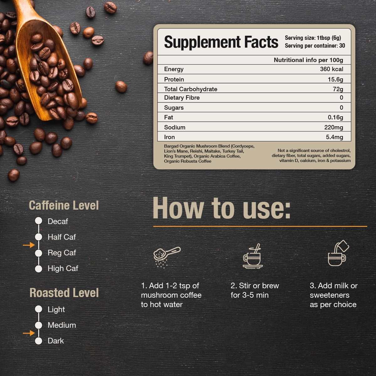 BARGAD Mushroom Coffee | 6 Adaptogen Mushrooms | Premium Instant Coffee With benefits of Lion's Mane, Chaga & Turkey Tail for Better Focus, Immune support, Energy, Digestion & Skin | 30 Servings