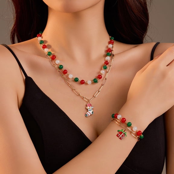Sunyuer Christmas Jewelry Set for Women Christmas Charm Necklace Bracelet Set Christmas Prom Gifts