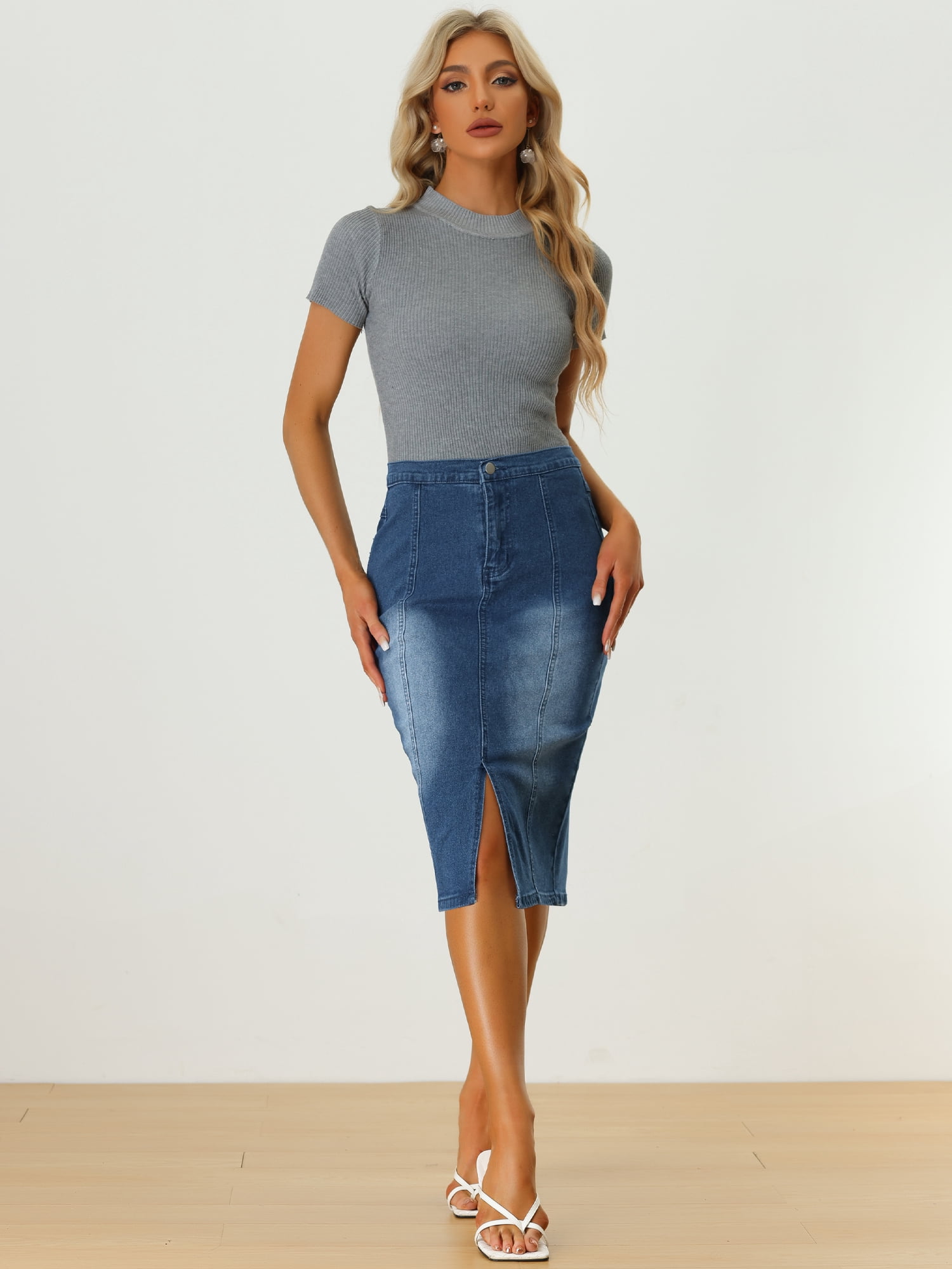 DARING DIVA Women's Split Front Denim Bodycon Midi Skirt M Blue