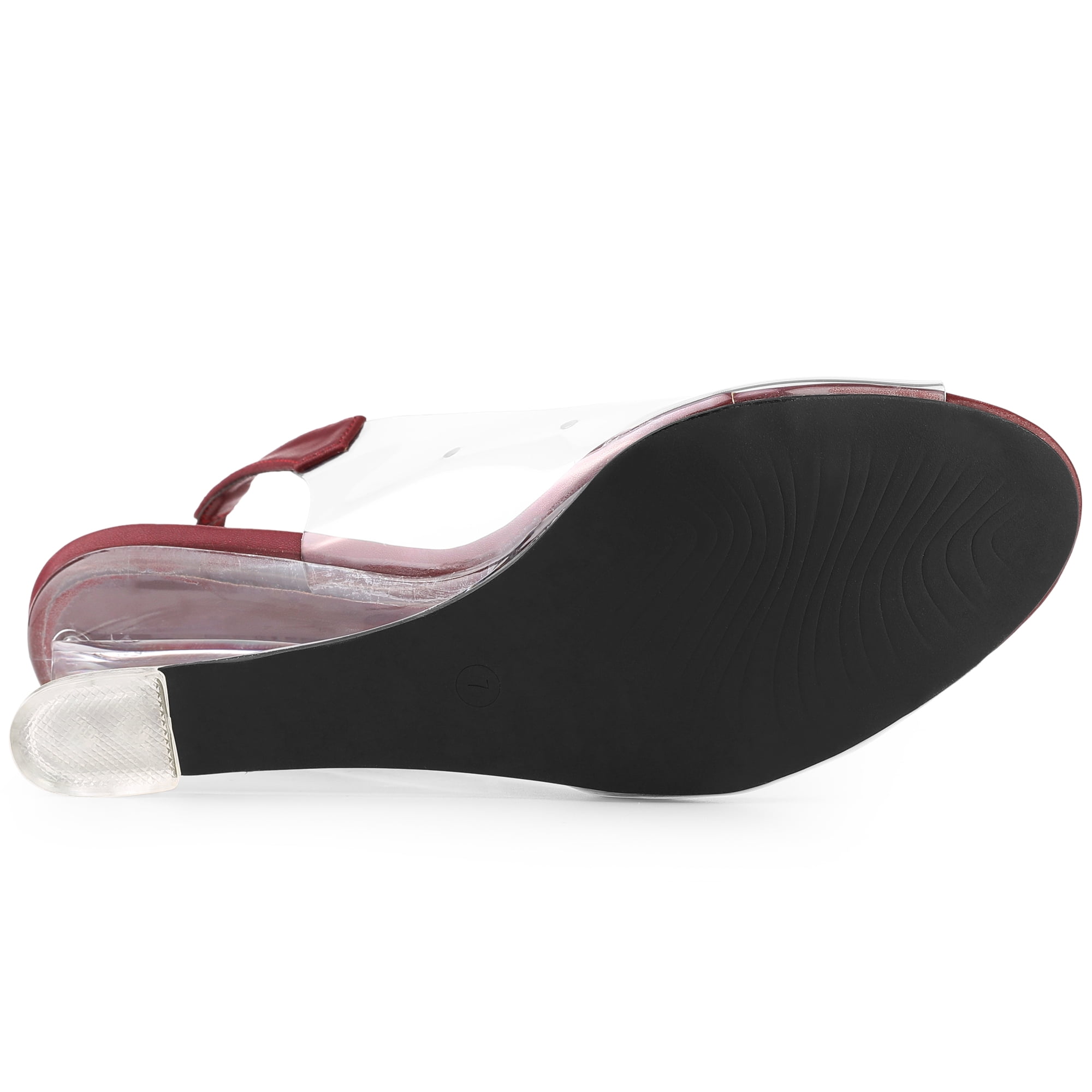 DARING DIVA Women's Clear Slingback Wedges Rhinestone Peep Toe Heels Burgundy 8