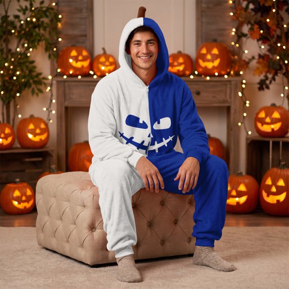 YNGKMEA Trick or Treat Onesies Halloween Party Color Block Pajamas Long Sleeve Night Club Jumpsuits Hooded Scary Pumpkin Pattern Onesie White XL