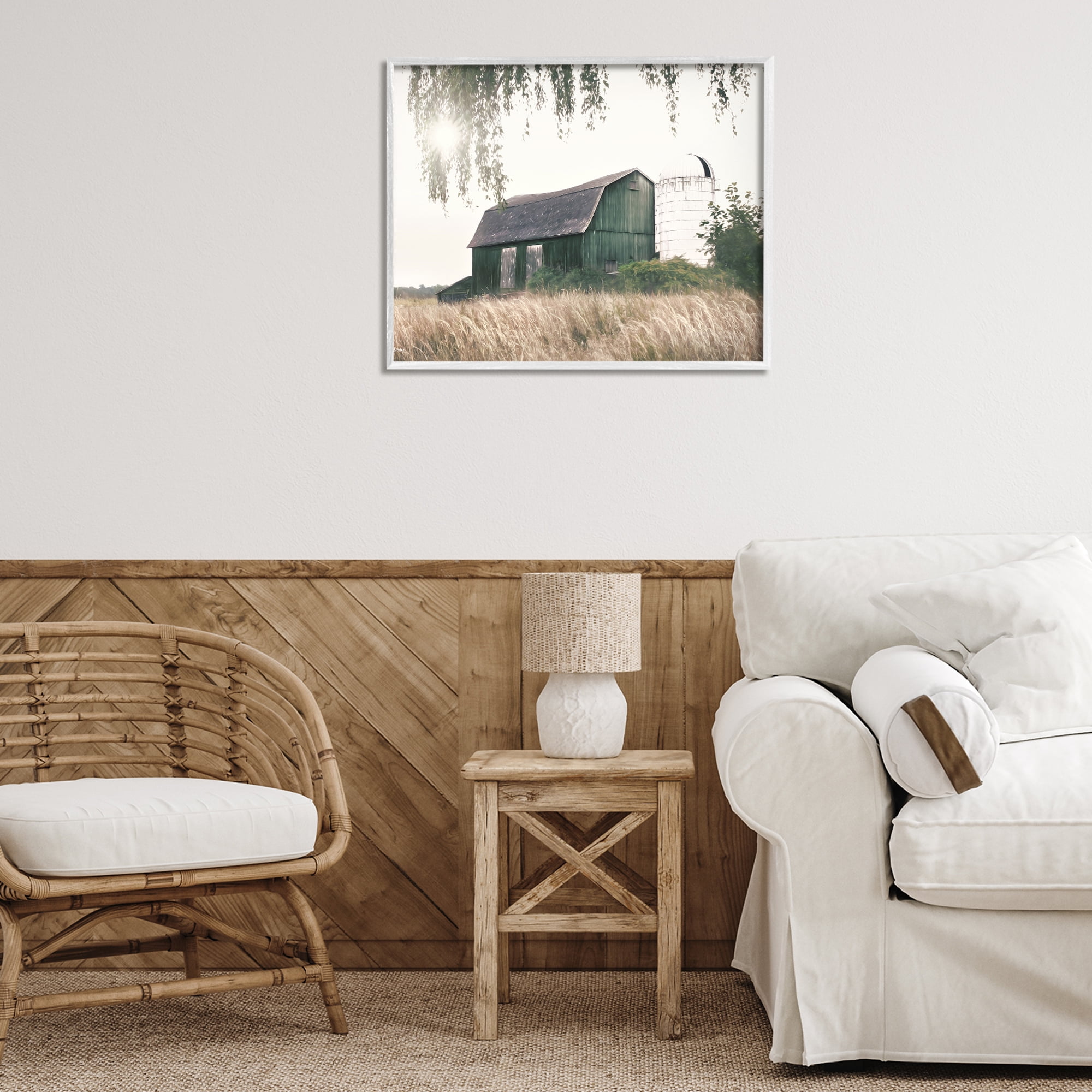 Stupell Industries Green Rustic Barn Landscape Photography White Framed Art Print Wall Art, 30 x 24