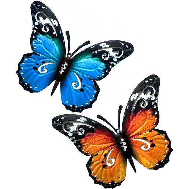 Decoraciones de jardín de mariposas grandes, arte de pared, escultura de mariposa de metal, adornos colgantes para jardín al aire libre, cobertizos, paredes, vallas, decoración (2 piezas, Yello