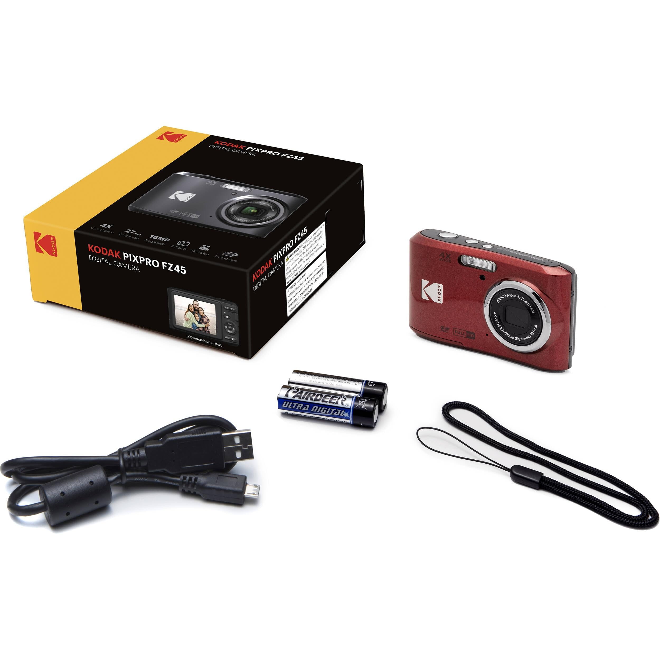 Kodak PIXPRO FZ45 16MP Digital Camera 4X Optical Zoom 27mm Wide Angle 1080P Full HD Video 2.7" LCD Camera Red + 64GB Card and Reader + Case + Memory Wallet + Tripod + Cleaning Bundle