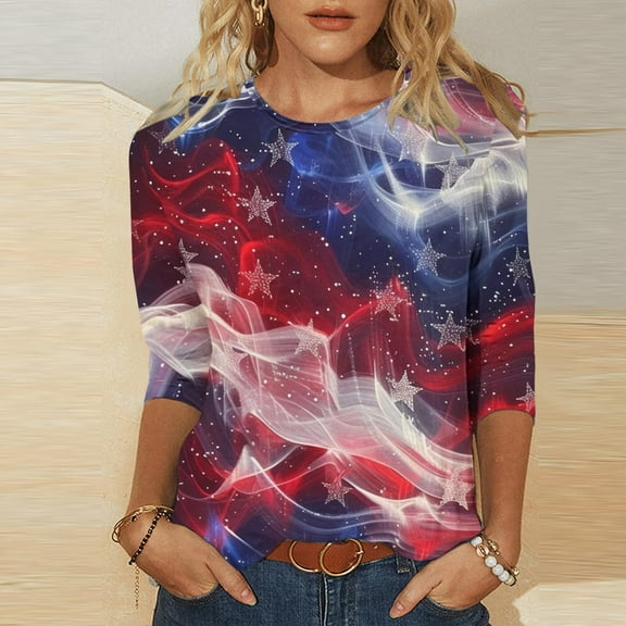 Cavosen Red White and Blue Clothes for Women Patriotic 3/4 Sleeve Crew Neck Tops USA Flag Print T Shirts Lady XL Independence Day Casual Tops 4th of July Tunic Tees 2025 Patriotic Clothes