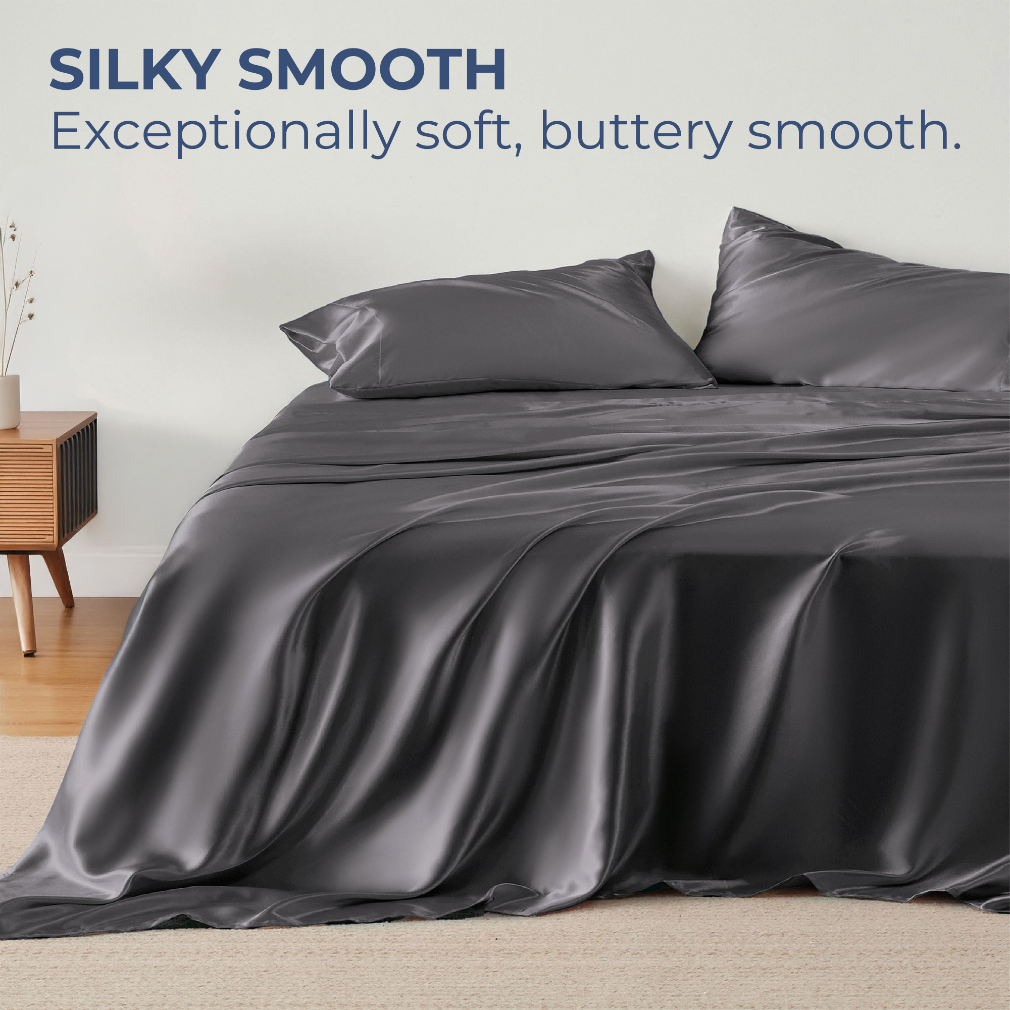 Seasonwood Queen Satin Sheet Set, 4-Piece, Dark Gray photo 2