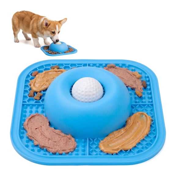 Slow Feeder Dog Bowl with Lick Mat - 2-in-1 Anti-Slip Pet Bowl with Rolling Ball, for Dry and Wet Food, Blue
